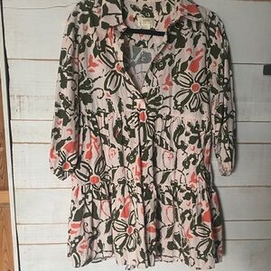 Maeve Anthropologie Cream Mini Dress with Olive & Coral Floral Print